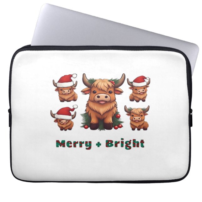 Cute Highland Cow Christmas Merry and Bright, Scot Laptop Sleeve (Front)