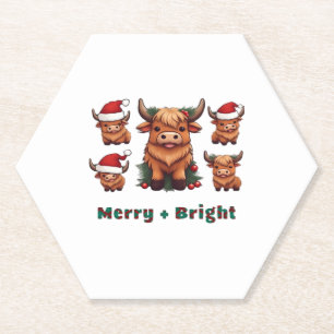 Cute Highland Cow Christmas Merry and Bright, Scot Paper Coaster