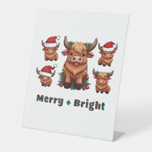 Cute Highland Cow Christmas Merry and Bright, Scot Pedestal Sign