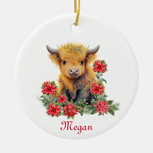 Cute Highland Cow Christmas Personalised Name Ceramic Ornament (Front)
