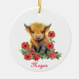 Cute Highland Cow Christmas Personalized Name Ceramic Ornament
