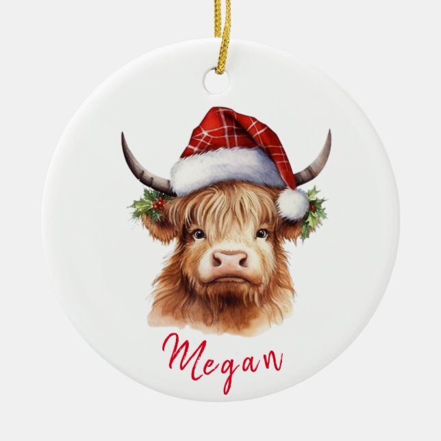 Cute Highland Cow Christmas Santa Hat Personalised Ceramic Ornament (Front)