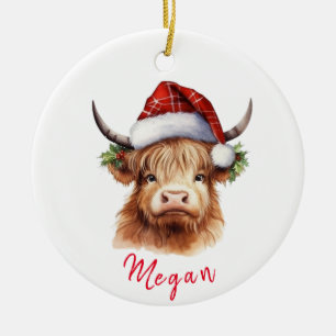 Cute Highland Cow Christmas Santa Hat Personalized Ceramic Ornament