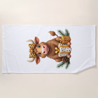Cute Highland Cow Christmas Santa Highland Cow Lov Beach Towel