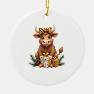 Cute Highland Cow Christmas Santa Highland Cow Lov Ceramic Ornament