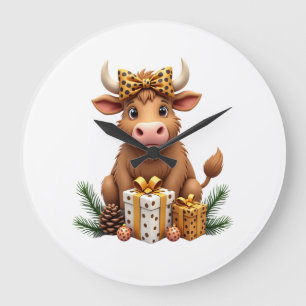Cute Highland Cow Christmas Santa Highland Cow Lov Large Clock