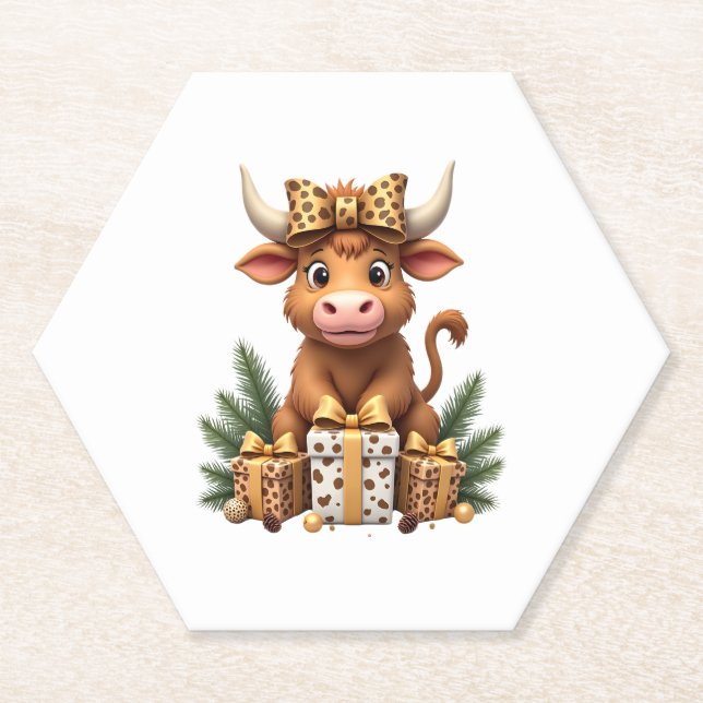 Cute Highland Cow Christmas Santa Highland Cow Lov Paper Coaster (Front)