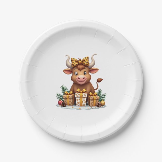 Cute Highland Cow Christmas Santa Highland Cow Lov Paper Plate (Front)