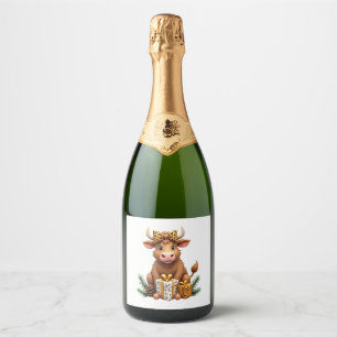Cute Highland Cow Christmas Santa Highland Cow Lov Sparkling Wine Label