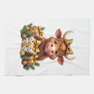 Cute Highland Cow Christmas Santa Highland Cow Lov Tea Towel