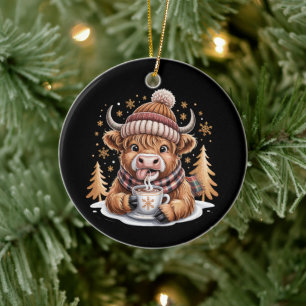 Cute Highland Cow Christmas Trees Hot Cocoa Cosy Ceramic Ornament