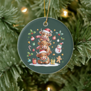 Cute Highland Cow Christmas Trees Hot Cocoa Cosy Ceramic Ornament
