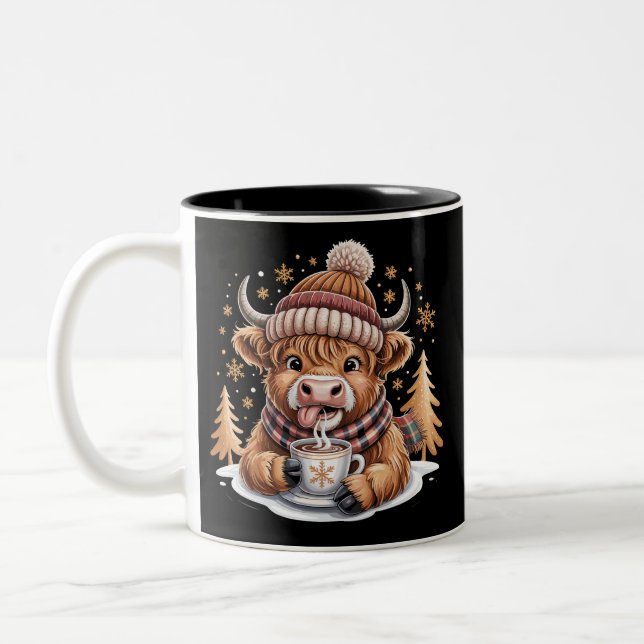 Cute Highland Cow Christmas Trees Hot Cocoa Cosy  Two-Tone Coffee Mug (Left)