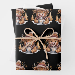 Cute Highland Cow Christmas Trees Hot Cocoa Cozy Wrapping Paper Sheet