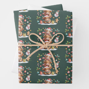 Cute Highland Cow Christmas Trees Hot Cocoa Cozy Wrapping Paper Sheet