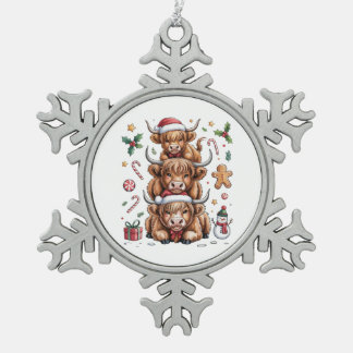 Cute Highland Cow Christmas Xmas Cosy Winter Snowflake Pewter Christmas Ornament