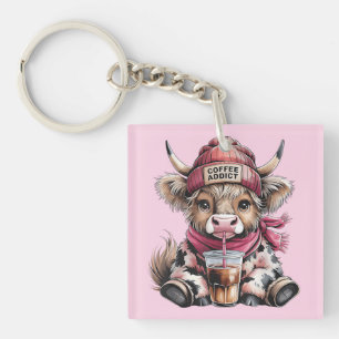 Cute Highland Cow Coffee Addict Funny Drink Coffee Key Ring