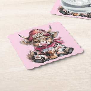 Cute Highland Cow Coffee Addict Funny Drink Coffee Paper Coaster