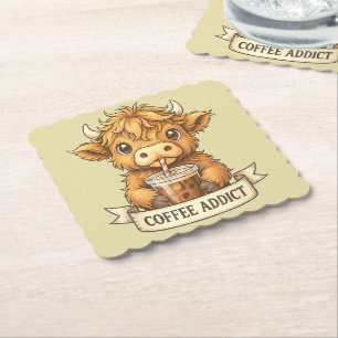 Cute Highland Cow Coffee Addict Funny Drink Coffee Paper Coaster