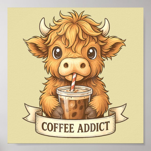 Cute Highland Cow Coffee Addict Funny Drink Coffee Poster (Front)