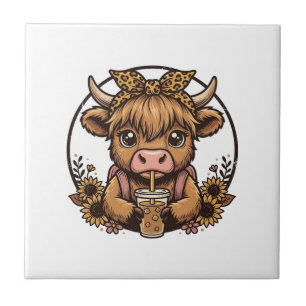 Cute Highland Cow Coffee Sunflower Vintage Shirt_1 Ceramic Tile
