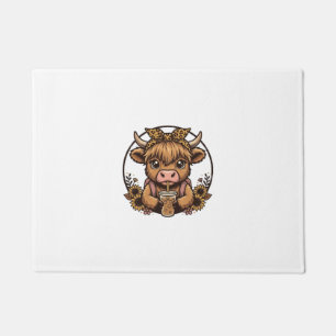 Cute Highland Cow Coffee Sunflower Vintage Shirt_1 Doormat