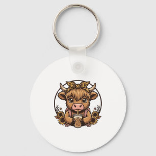 Cute Highland Cow Coffee Sunflower Vintage Shirt_1 Key Ring