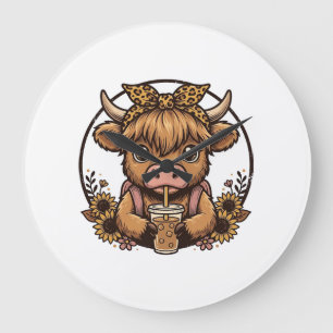 Cute Highland Cow Coffee Sunflower Vintage Shirt_1 Large Clock