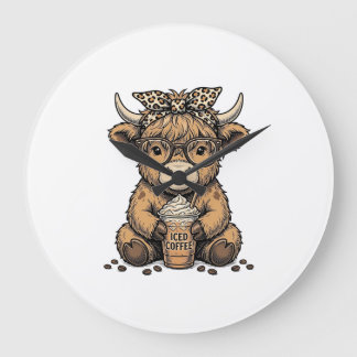 Cute Highland Cow Coffee Vintage Vector Shirt_1 Large Clock