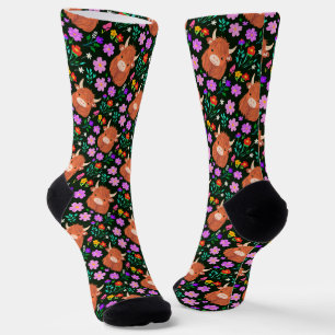 Cute Highland Cow Colourful Floral Black Socks