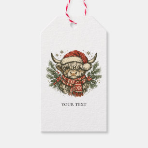 Cute Highland Cow Cosy Christmas Santa Hat Gift Tags