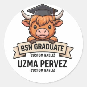 Cute Highland Cow Custom Name Nurse Graduation Shi Classic Round Sticker