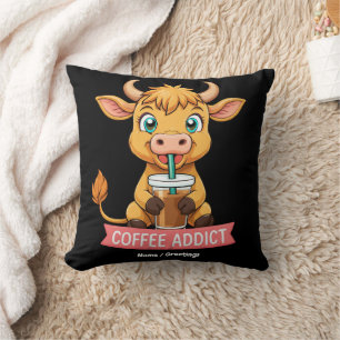 Cute Highland Cow Drinking Coffee Addict Joke Fun Cushion