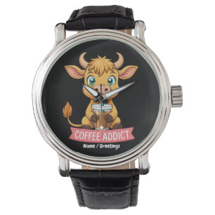 Cute Highland Cow Drinking Coffee Addict Joke Fun Watch