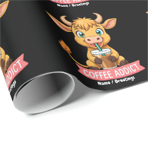 Cute Highland Cow Drinking Coffee Addict Joke Fun Wrapping Paper