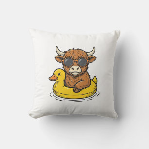 Cute Highland Cow Duck Float Vintage Engraving Art Cushion