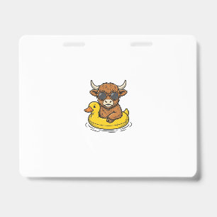 Cute Highland Cow Duck Float Vintage Engraving Art ID Badge