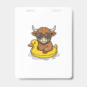 Cute Highland Cow Duck Float Vintage Engraving Art ID Badge