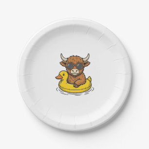 Cute Highland Cow Duck Float Vintage Engraving Art Paper Plate