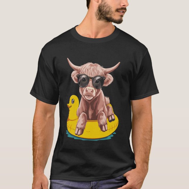 Cute Highland Cow Duck Pool Float Summer T-Shirt (Front)