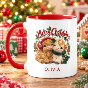 Cute Highland Cow Duo Christmas Name Mug