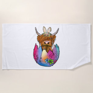 Cute Highland Cow Easter Bunny Cow Girls Easter Beach Towel