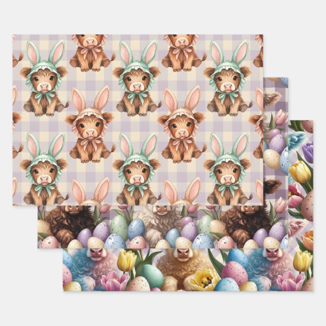 Cute Highland Cow Easter Bunny Spring Wrapping Paper Sheet (Set)