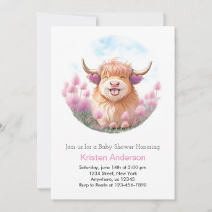 Cute Highland Cow Editable Pink Girl Baby Shower Invitation