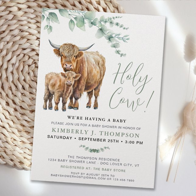 Cute Highland Cow Eucalyptus Greenery Baby Shower Invitation (Creator Uploaded)