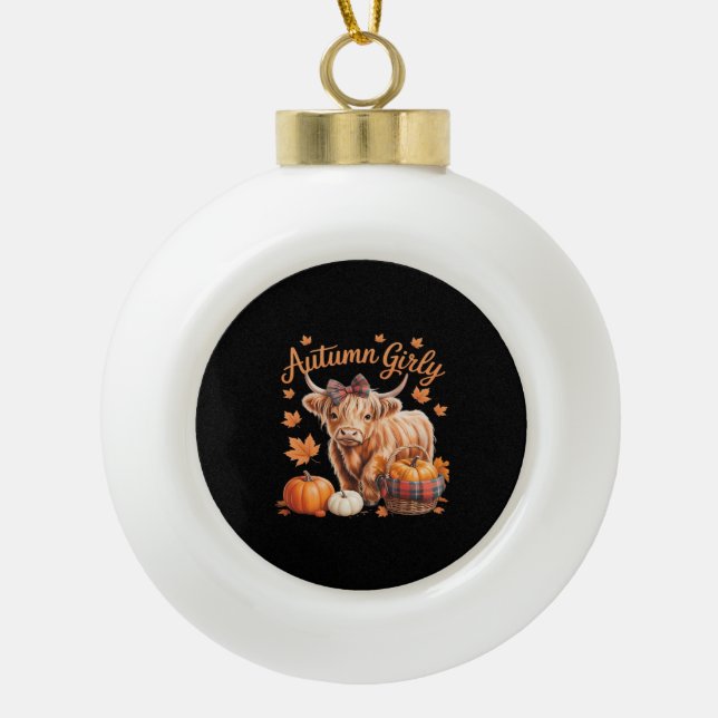 Cute Highland Cow Fall Autumn Girly Thanksgiving C Ceramic Ball Christmas Ornament (Front)