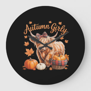 Cute Highland Cow Fall Autumn Girly Thanksgiving C Large Clock