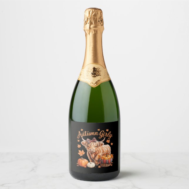 Cute Highland Cow Fall Autumn Girly Thanksgiving C Sparkling Wine Label (Front)