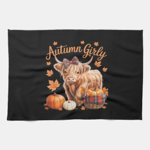 Cute Highland Cow Fall Autumn Girly Thanksgiving C Tea Towel