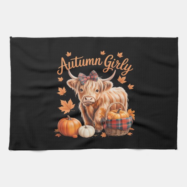 Cute Highland Cow Fall Autumn Girly Thanksgiving C Tea Towel (Horizontal)